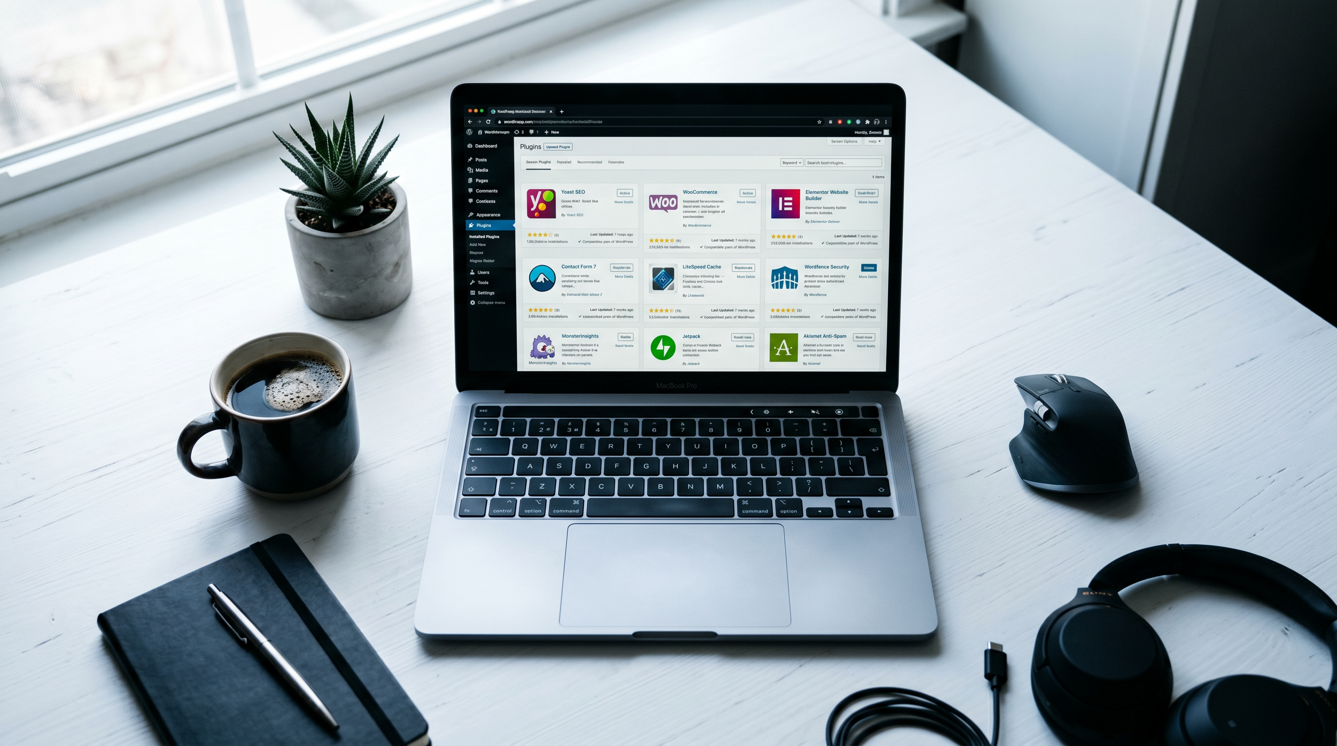 Flat-lay of a laptop showing a WordPress dashboard with multiple plugin cards visible on screen, cle