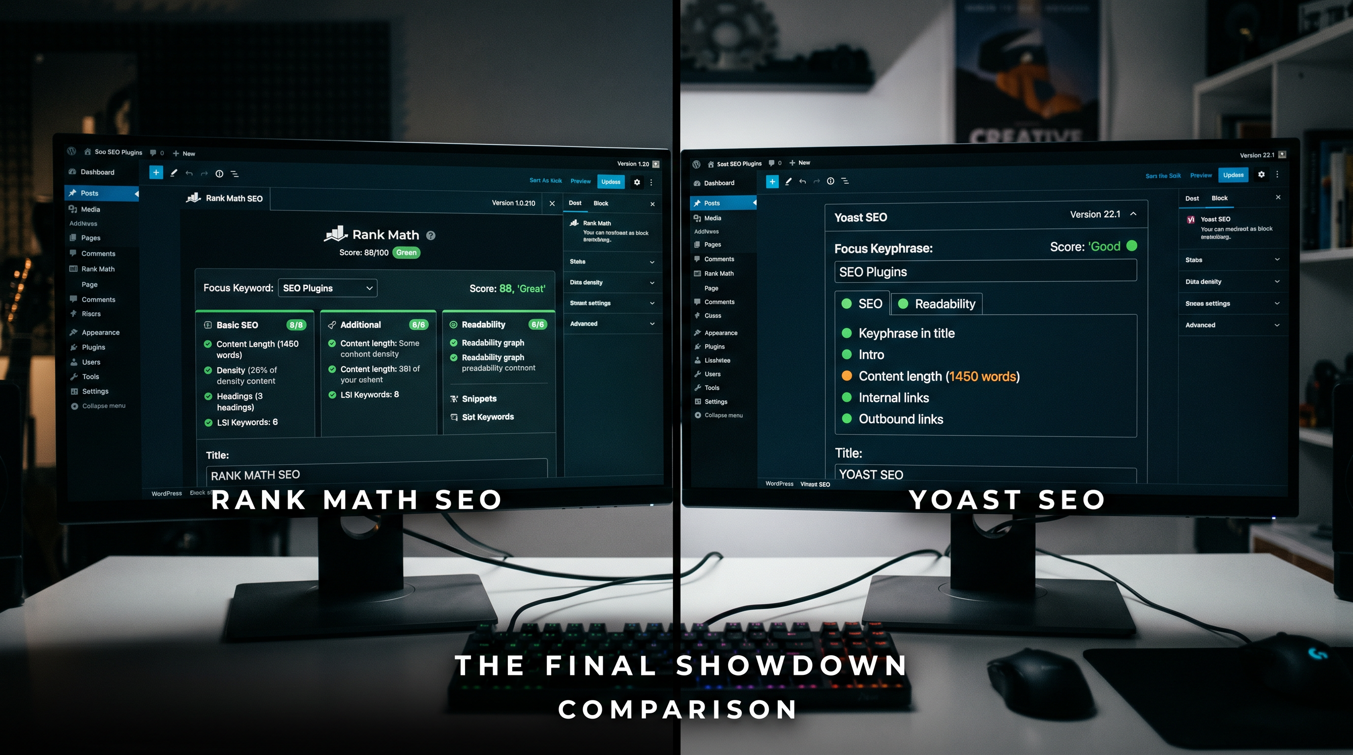 Side-by-side comparison of Rank Math and Yoast SEO plugin interfaces inside a WordPress editor, show