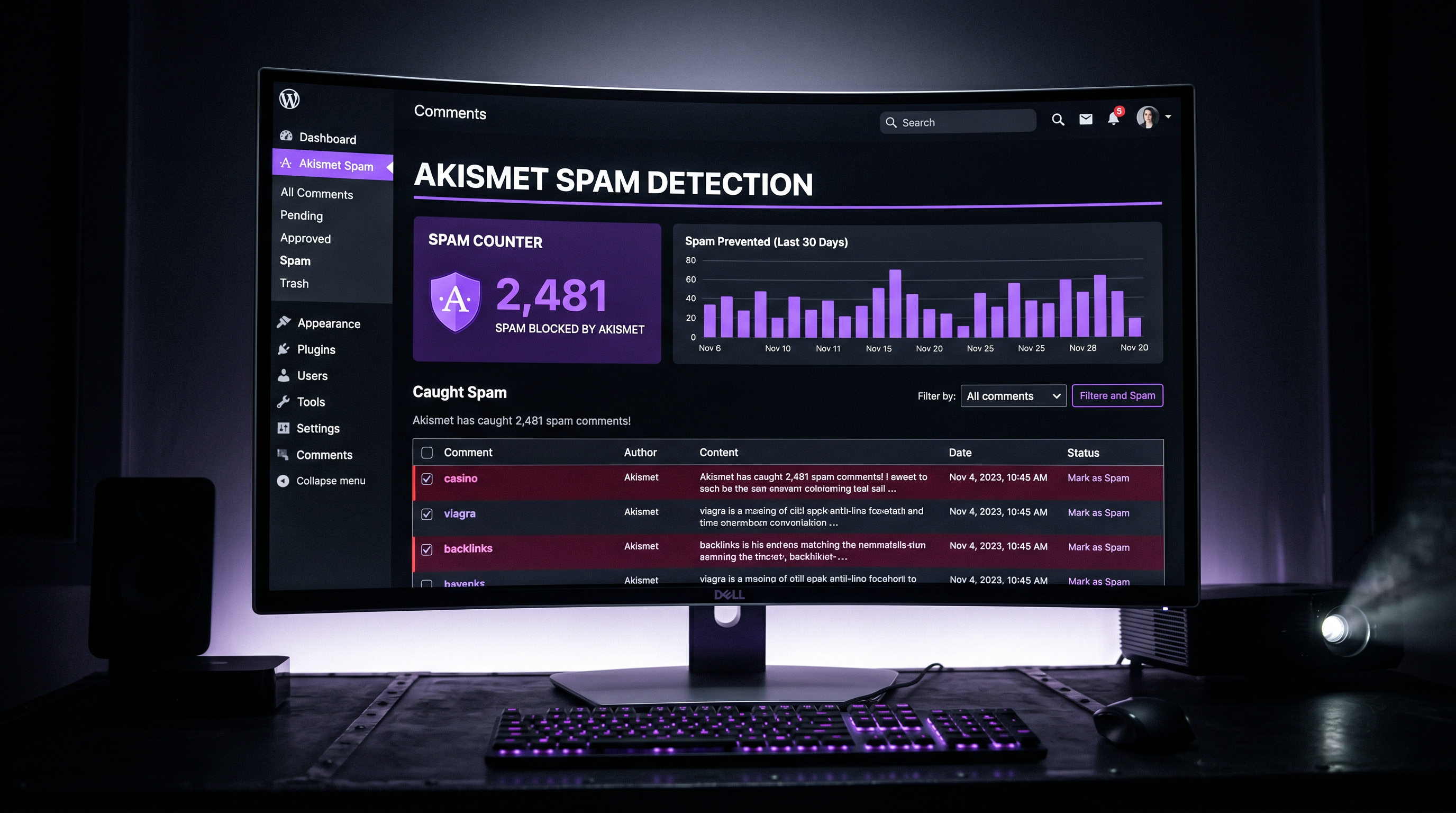 WordPress comments dashboard showing a clean spam detection interface with Akismet caught spam count