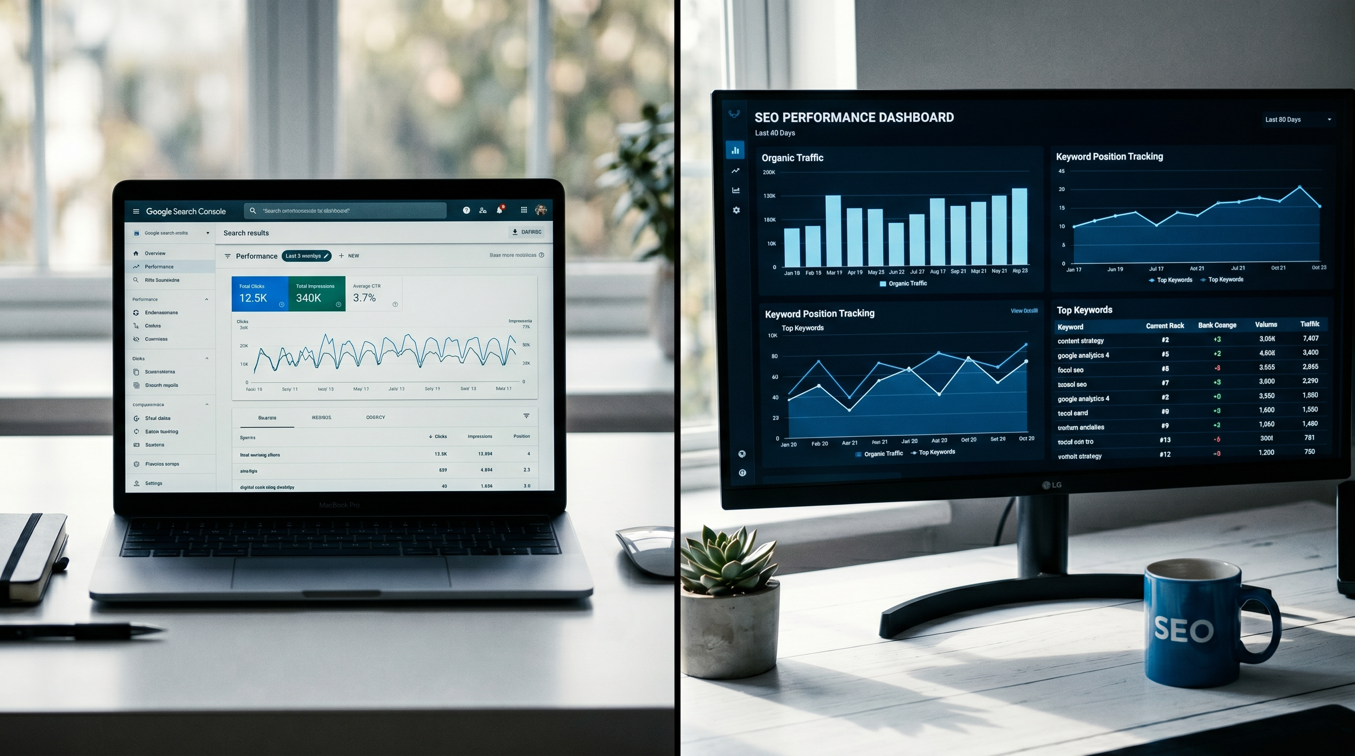 Split-screen flat lay showing a laptop with Google Search Console open on the left and an SEO analyt