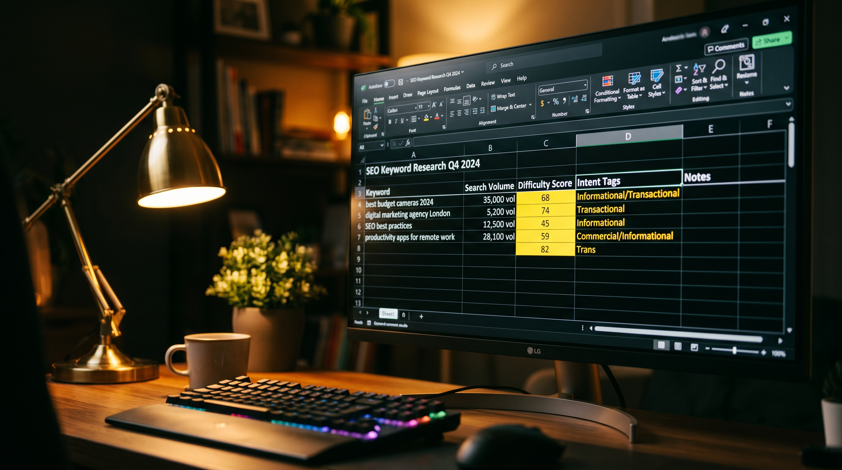 Close-up of a computer screen showing a keyword research spreadsheet with columns for search volume,