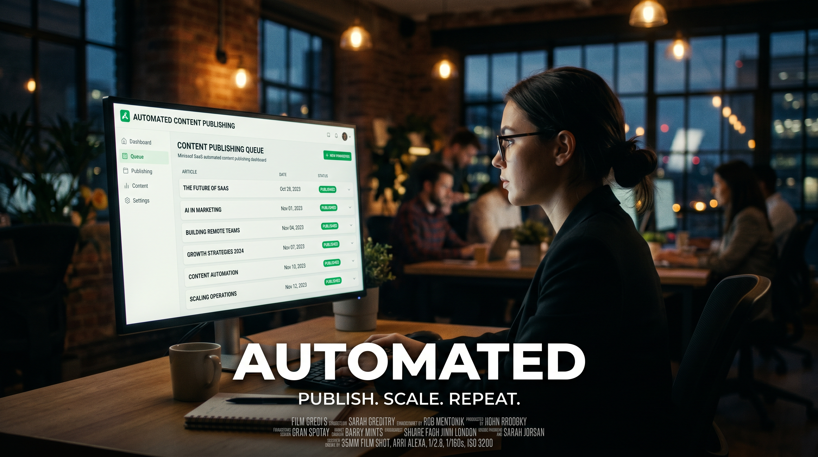 Minimalist SaaS dashboard showing automated content publishing queue with article titles, publicatio
