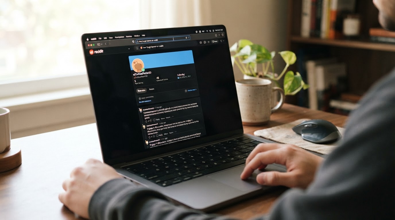 Photorealistic close-up of a laptop screen displaying a Reddit user profile page with the text