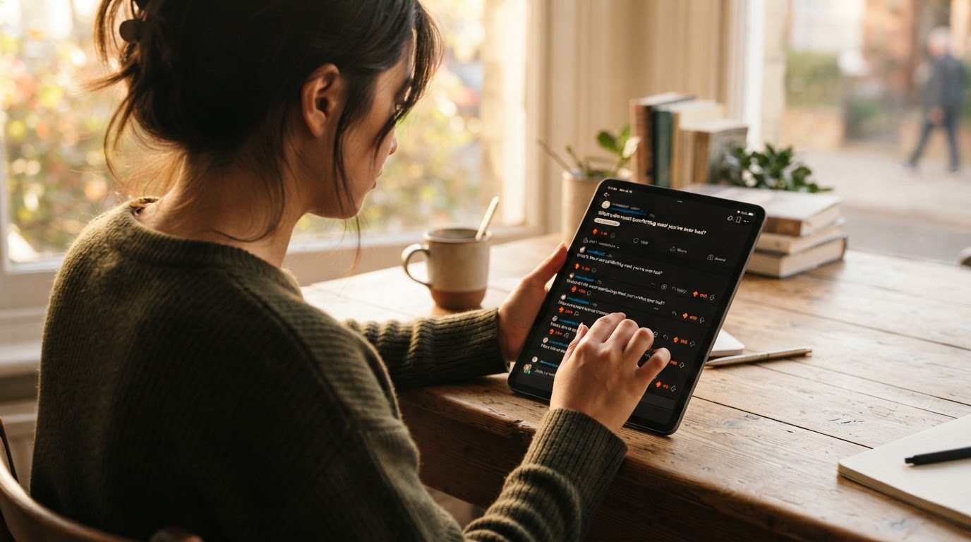 Photorealistic over-the-shoulder shot of a person at a wooden desk scrolling a Reddit thread on a ta