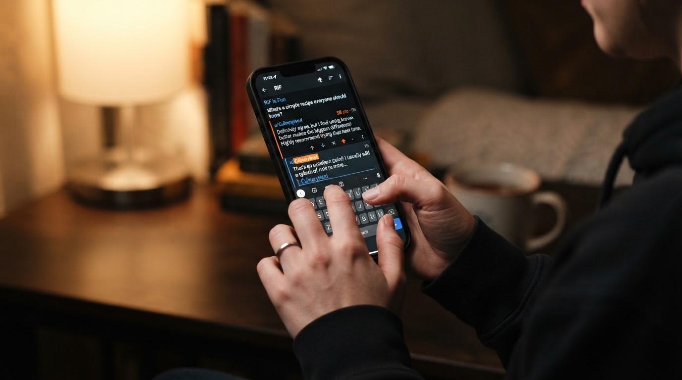 Photorealistic close-up of hands typing a thoughtful reply on a smartphone, Reddit comment thread vi