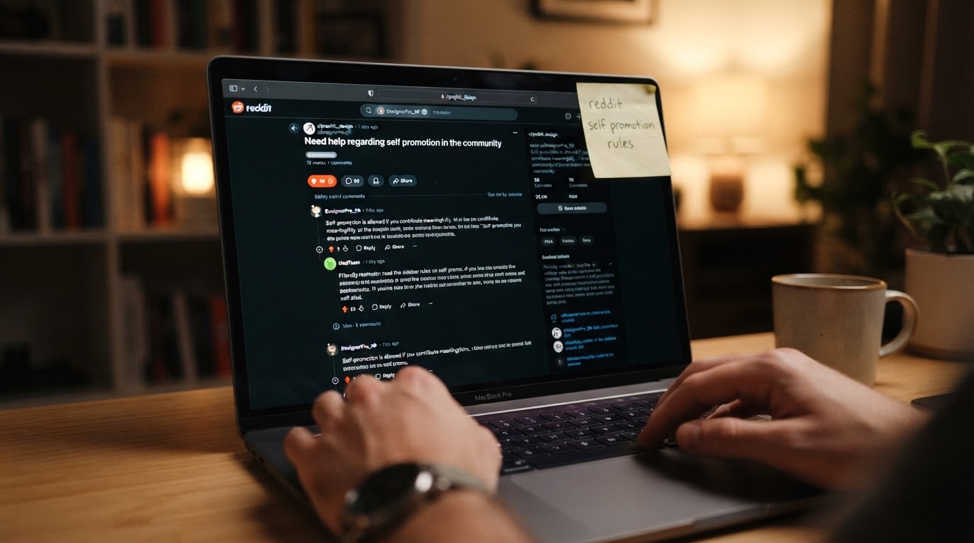 Photorealistic close-up of a laptop screen showing a Reddit-style discussion thread, a sticky note o