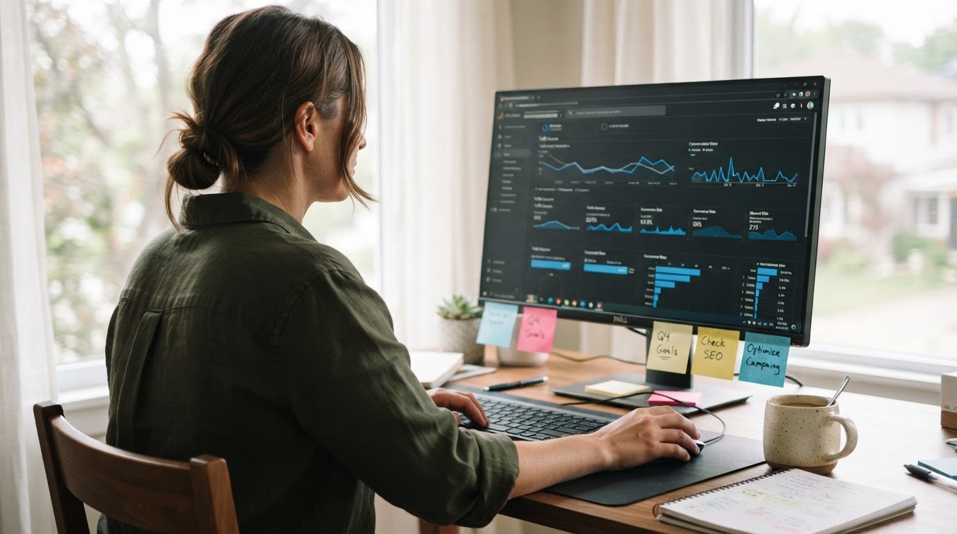 Photorealistic over-the-shoulder shot of a marketer at a desk reviewing an analytics dashboard on a