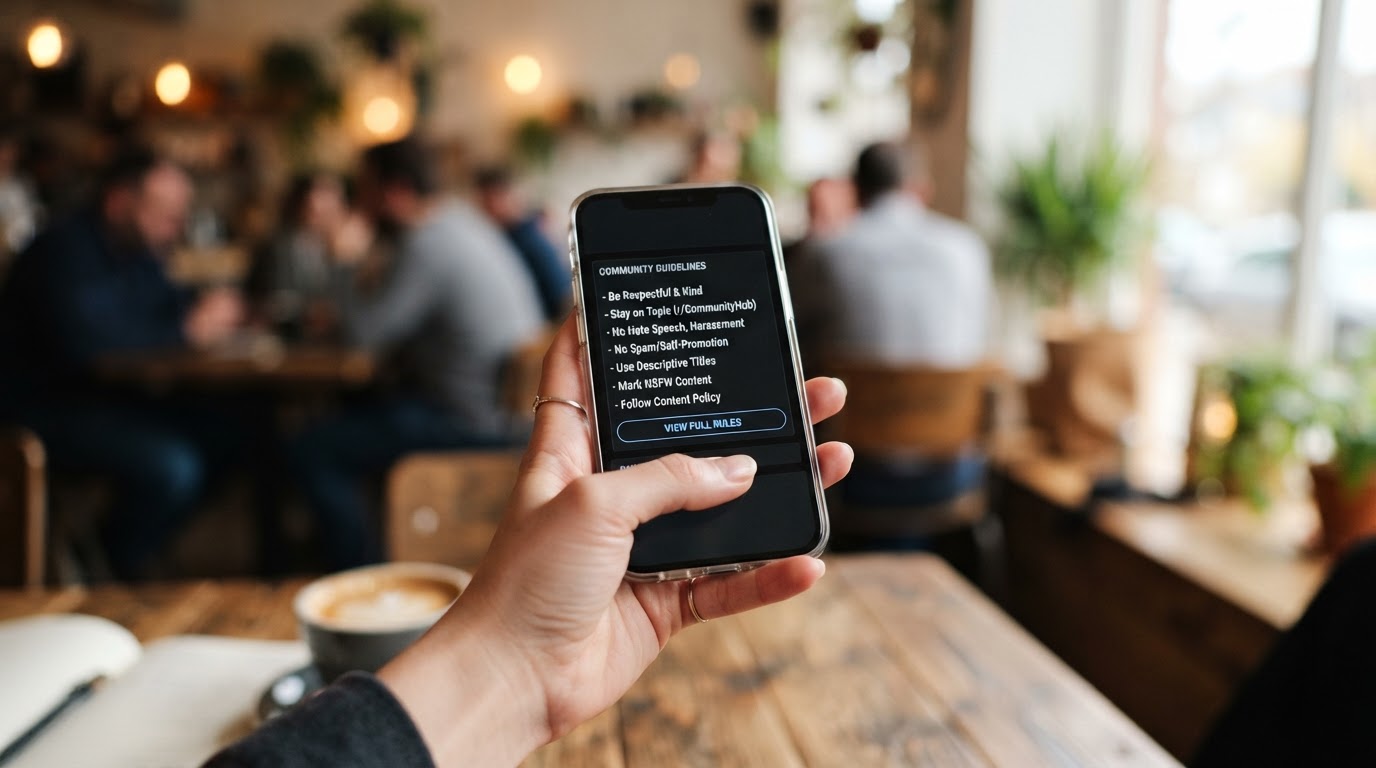Photorealistic close-up of a smartphone held in one hand showing a community rules sidebar on a disc