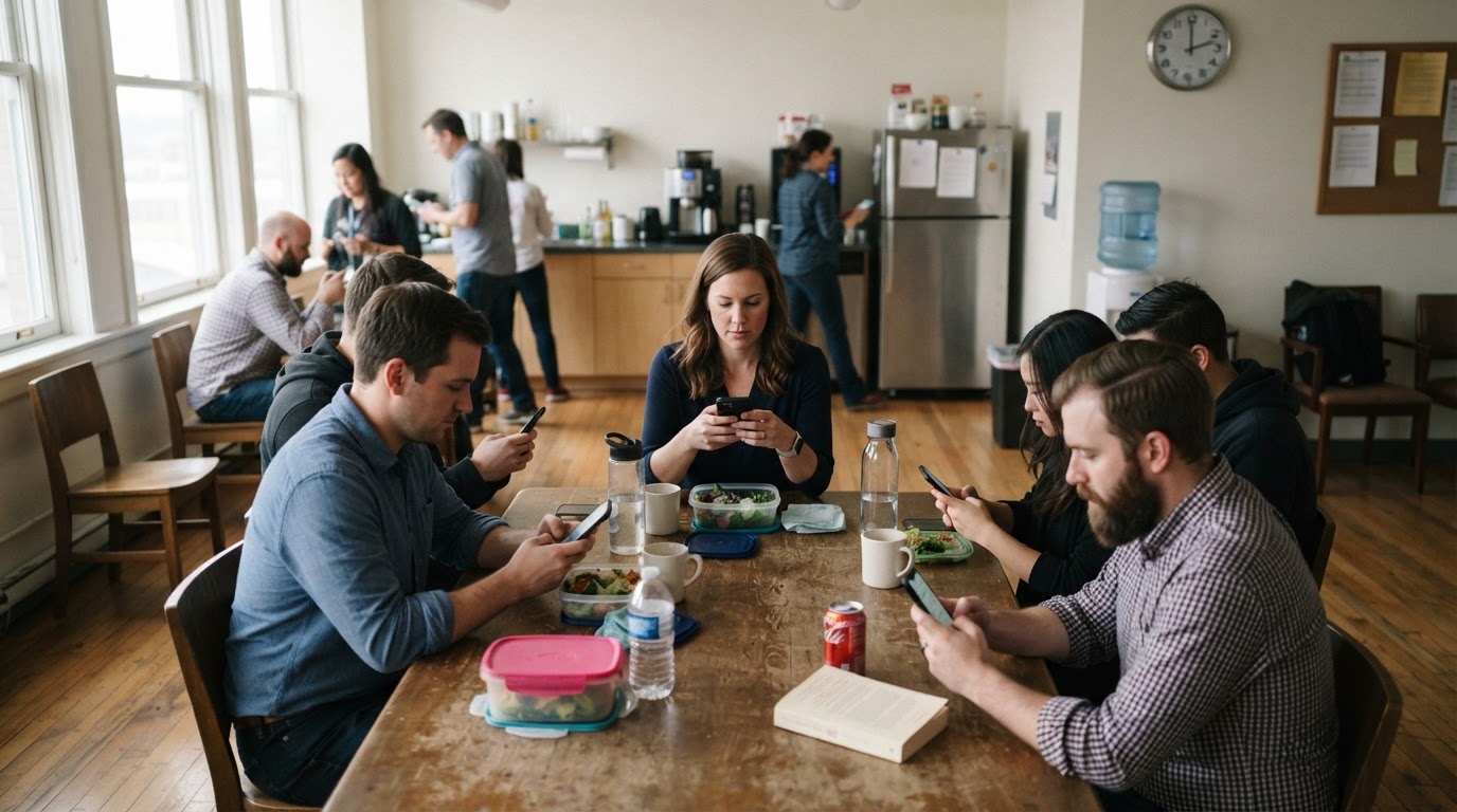 Photorealistic overhead shot of a busy office break room at lunchtime, several people sitting at a t