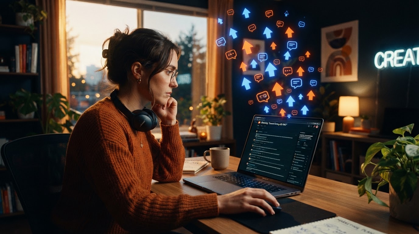 Marketer at a desk viewing a laptop screen filled with Reddit thread conversations, colorful upvote