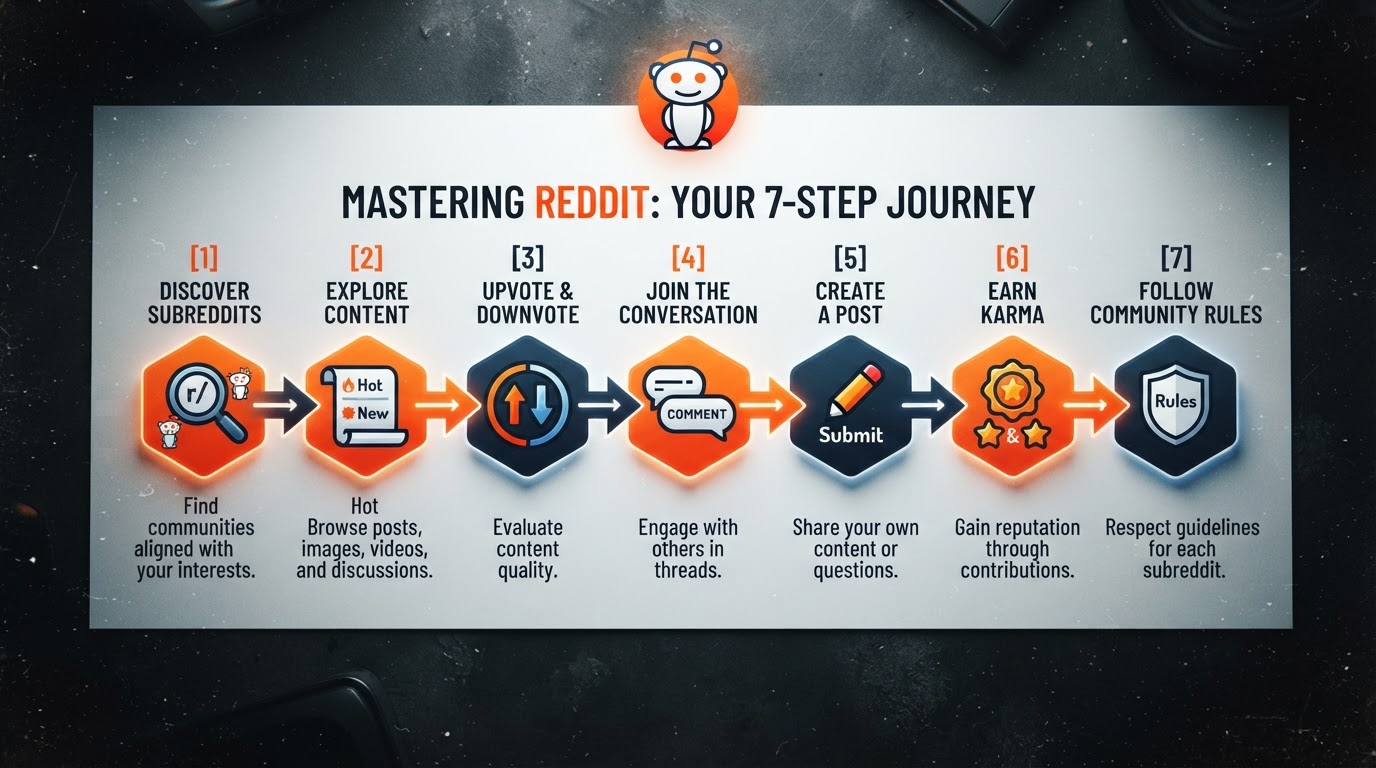 Clean flat-lay infographic style illustration showing seven numbered steps connected by arrows, Redd