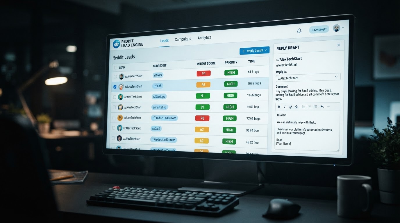 Dashboard interface on a monitor displaying a list of Reddit leads with color-coded intent scores, g