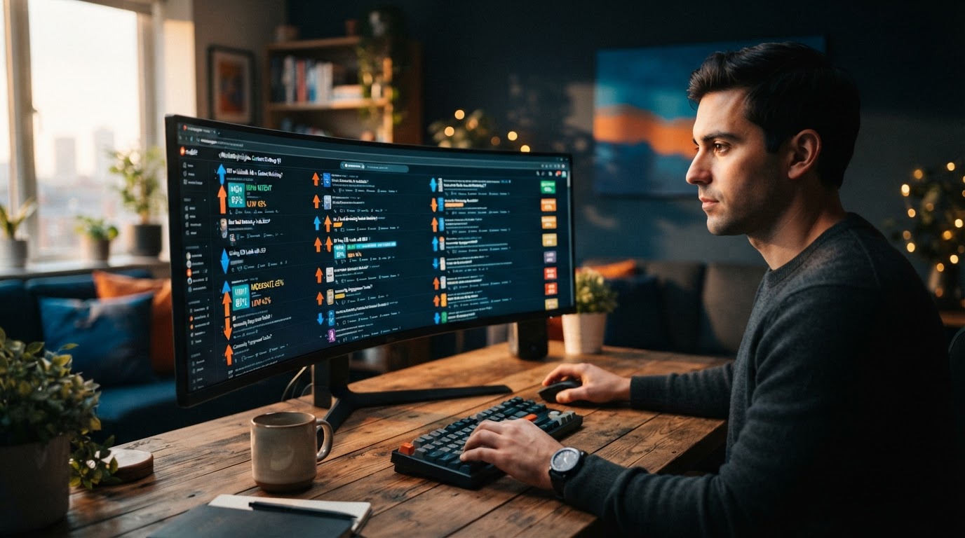 Marketer at a desk viewing multiple Reddit threads on a widescreen monitor with colorful upvote arro