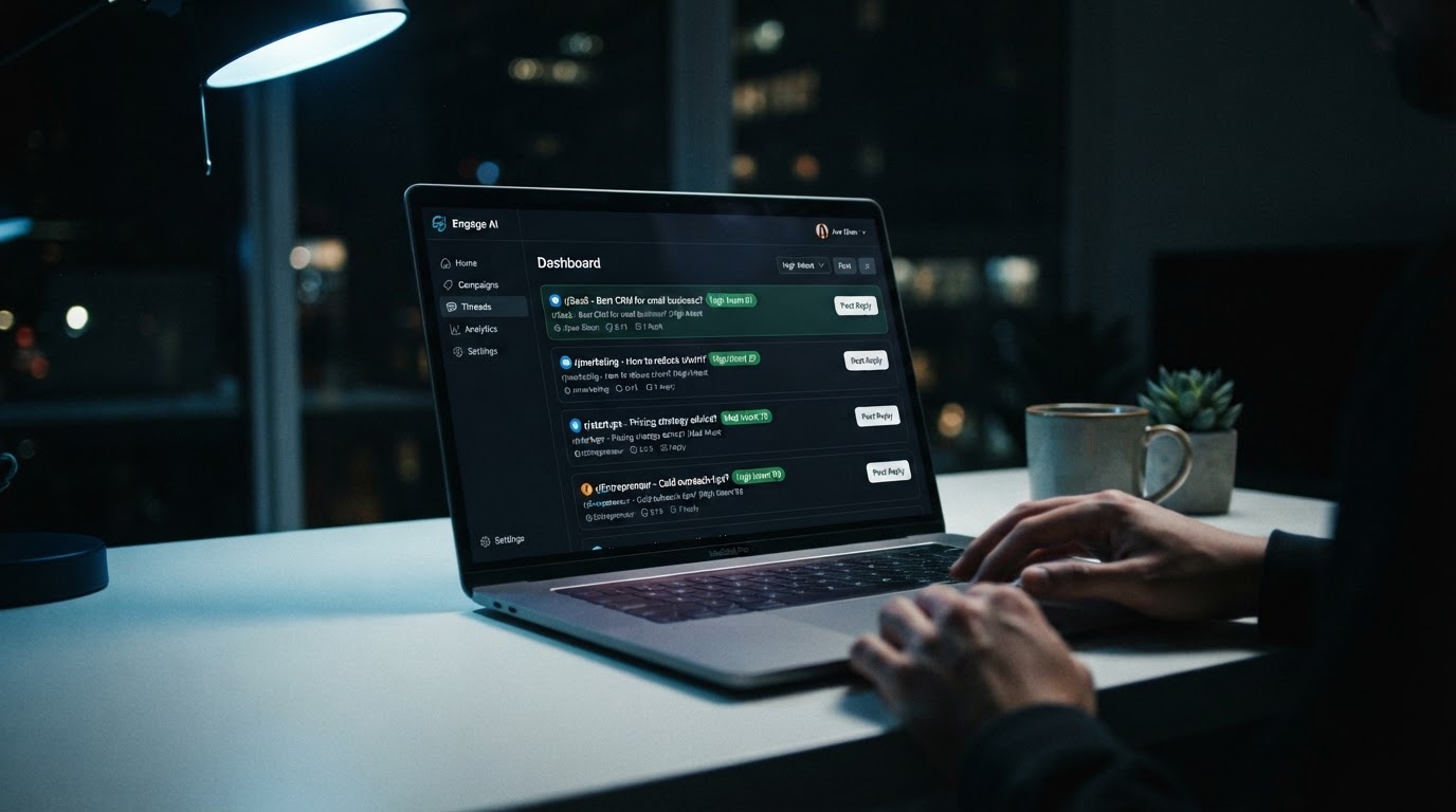 Clean SaaS dashboard on a laptop screen showing a list of Reddit threads with green intent-score bad