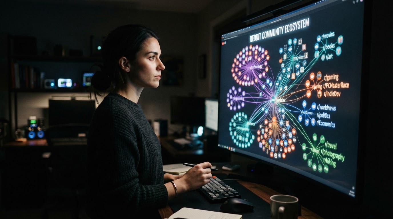 Person studying a colorful mind-map of interconnected Reddit community icons and topic clusters on a