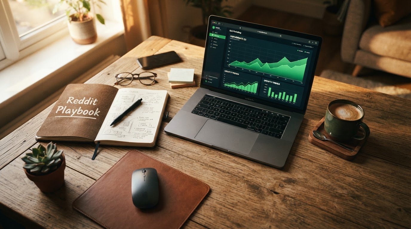 Overhead view of a marketer's workspace with a notebook labeled 'Reddit Playbook', a coffee cup, and