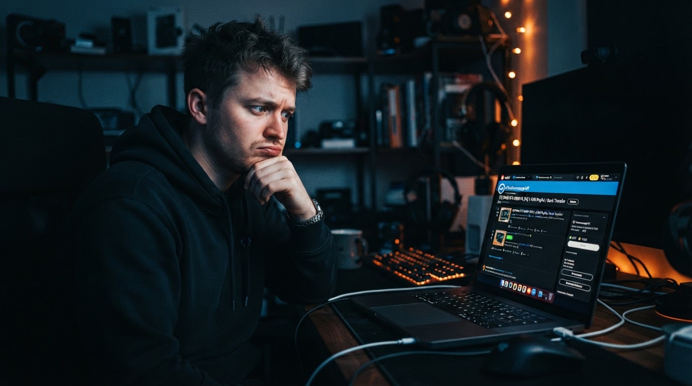 Person at a desk looking at a laptop screen showing a Reddit-style marketplace listing with karma nu