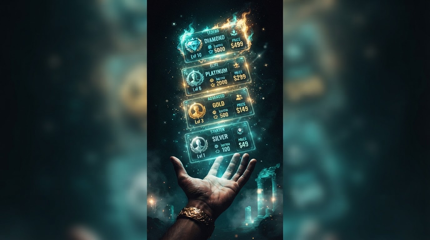Four stacked tiers of glowing account cards floating above a hand, each tier labeled with rising pri