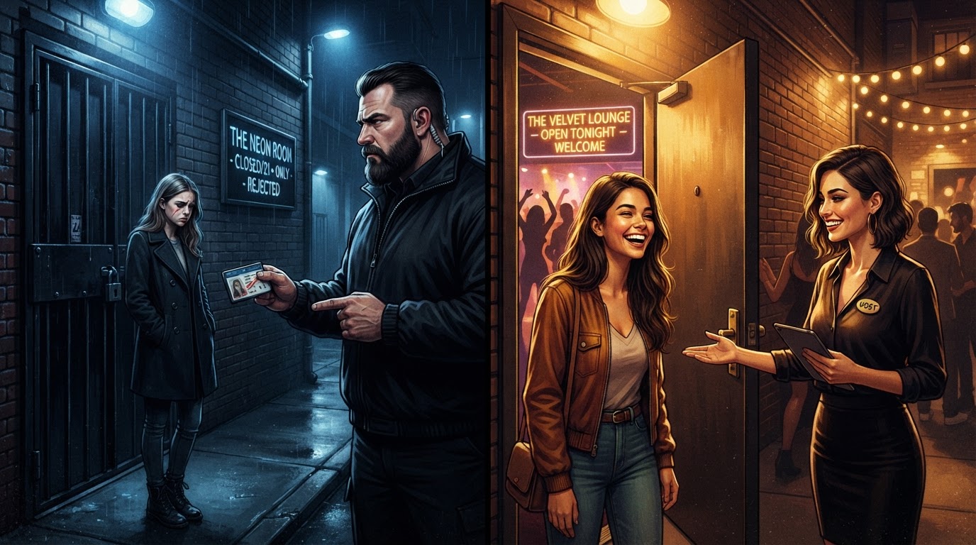 Split-screen concept illustration, left side shows a locked club door with a rejected fake ID, right