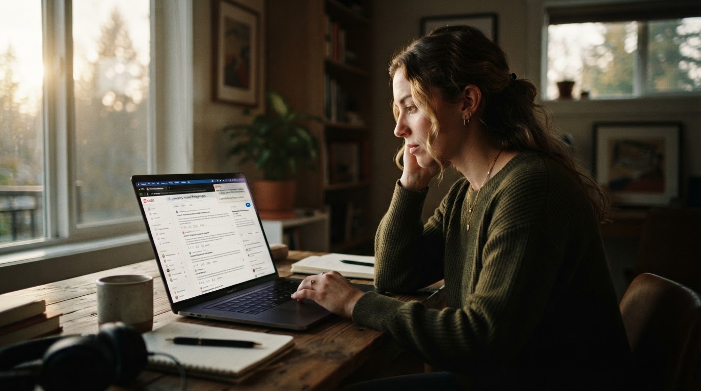 Marketer at a desk reviewing Reddit threads on a laptop screen with email alert notifications visibl