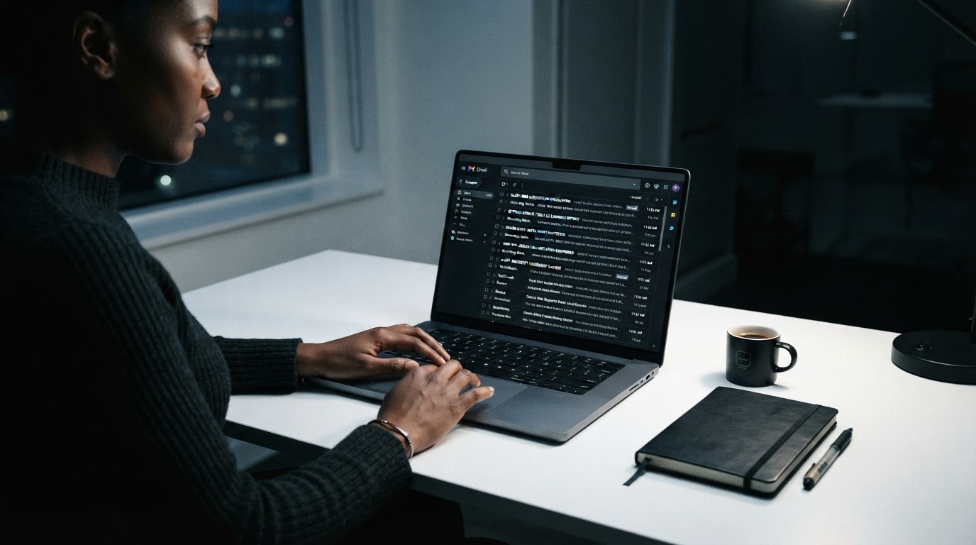 Clean email inbox on a laptop screen showing keyword alert emails with subject lines mentioning bran