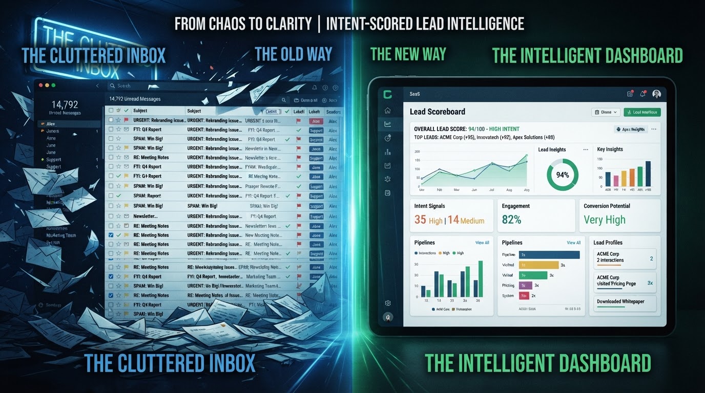 Split-screen concept showing a cluttered email inbox on the left versus a clean intent-scored lead d