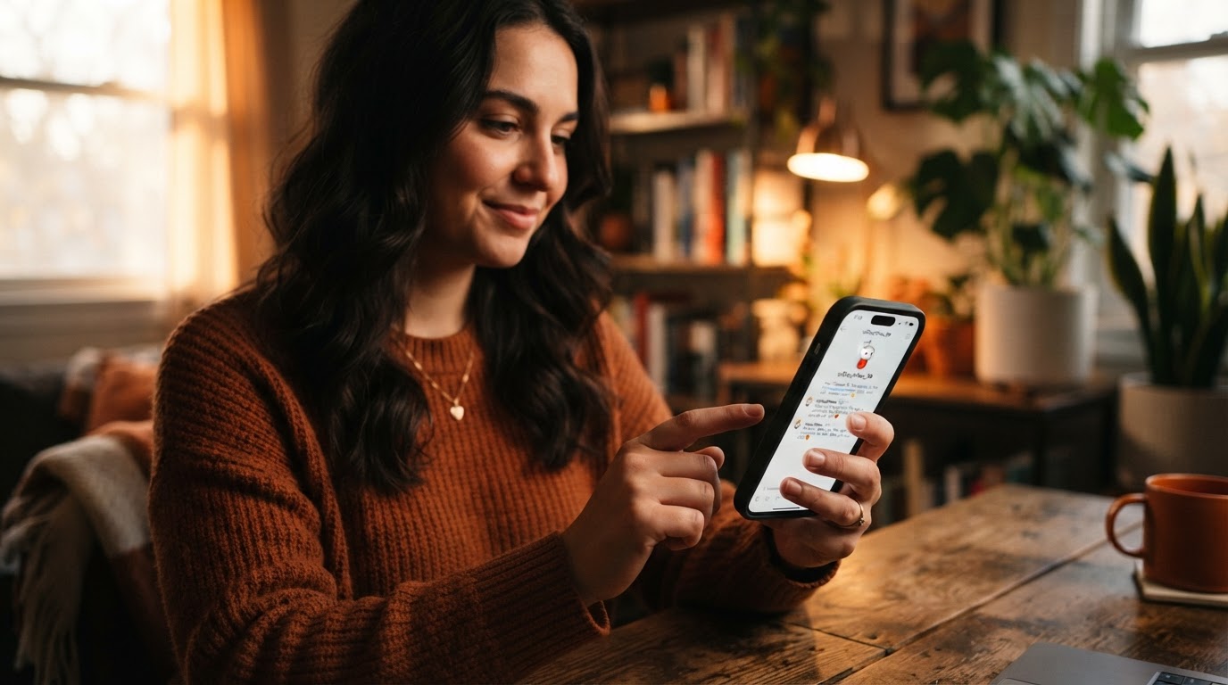 Person holding smartphone showing Reddit chat interface with a new message conversation open, cozy h