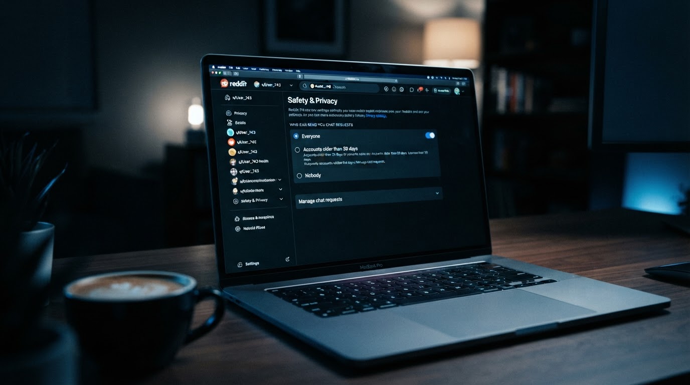 Close-up of laptop screen displaying Reddit privacy settings page with chat request options visible,