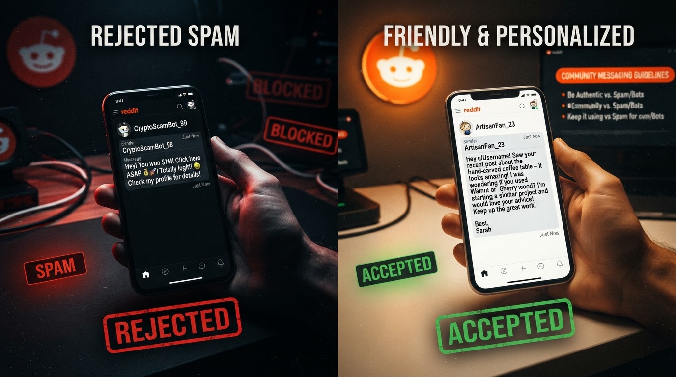 Split-screen concept showing a rejected spammy message versus a friendly personalized message on a R