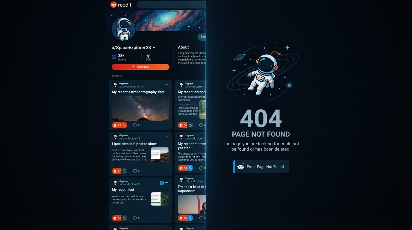 Split-screen concept showing a Reddit profile page full of posts on one side and an empty 404 error 