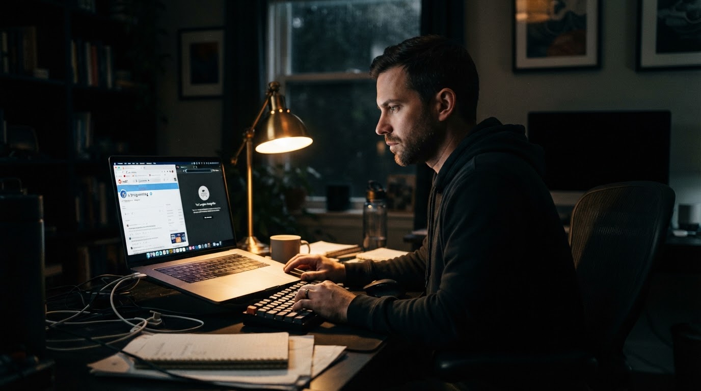 Person at a laptop with two browser windows open side by side, one logged into Reddit and one in inc