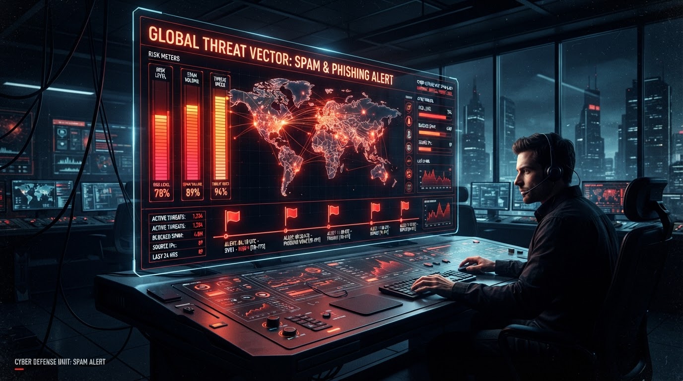 Conceptual illustration of a warning dashboard with red flags and risk meters representing spam dete