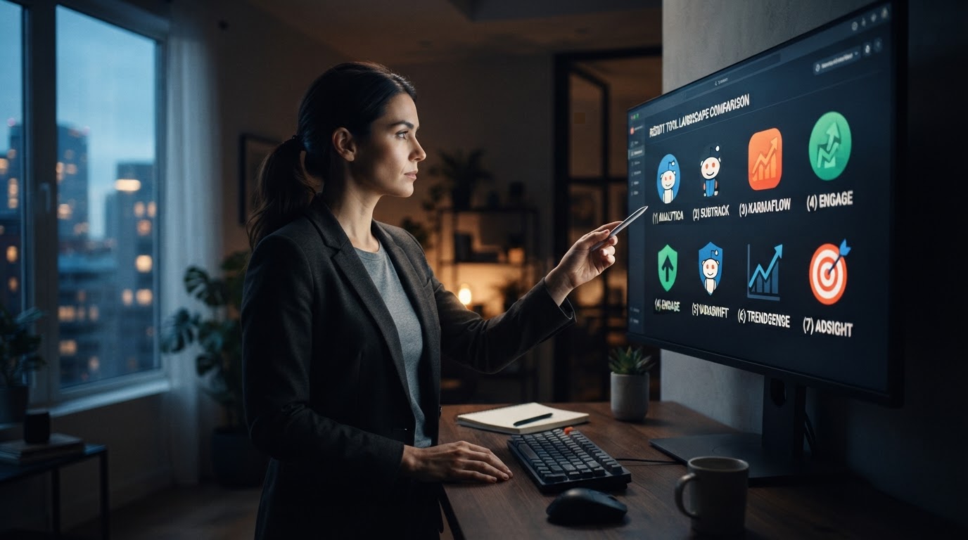Marketer comparing seven Reddit tool logos on a large monitor dashboard, modern minimalist office, s