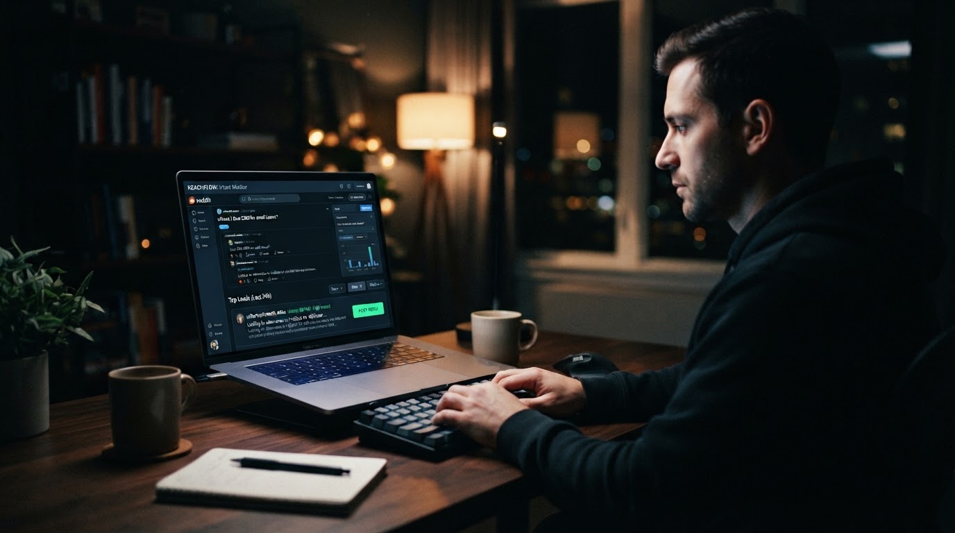 Clean SaaS dashboard on laptop screen showing Reddit thread monitoring with buying-intent lead score