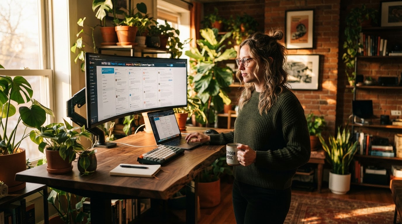 Solo founder at a standing desk reviewing a multi-platform mention feed on a widescreen monitor, pla