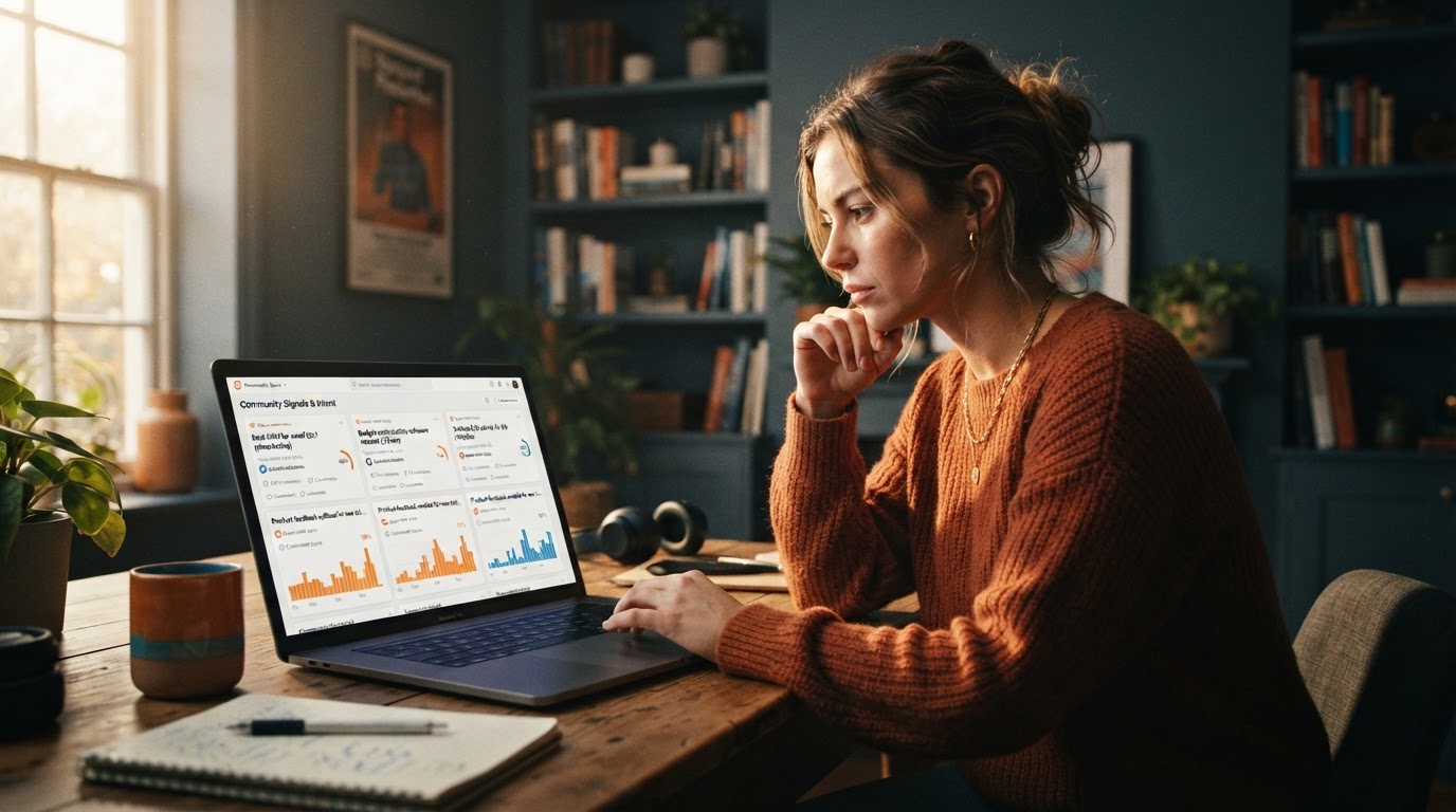 Marketer studying a laptop dashboard filled with Reddit thread cards and buyer-intent scores, modern