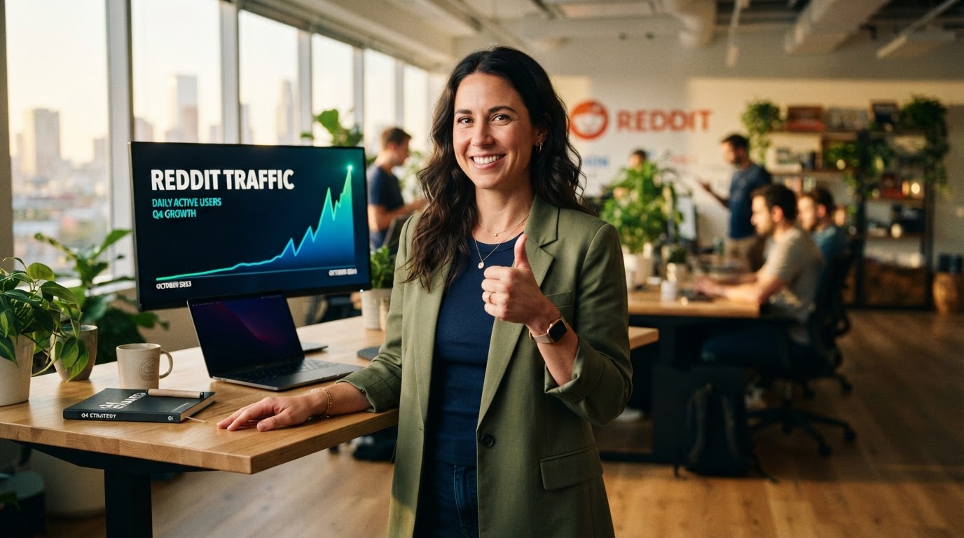Founder at a standing desk giving a thumbs up while a screen shows a rising line graph labeled 'Redd
