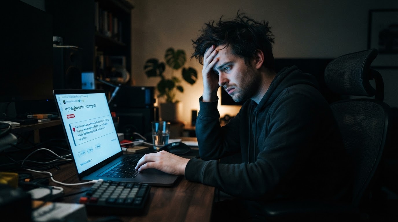Frustrated person at laptop reading a Reddit post removal notification, dim home office at night, bl