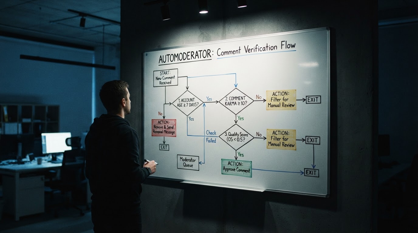Flowchart diagram on a clean whiteboard showing AutoModerator checks for comment karma, account age,