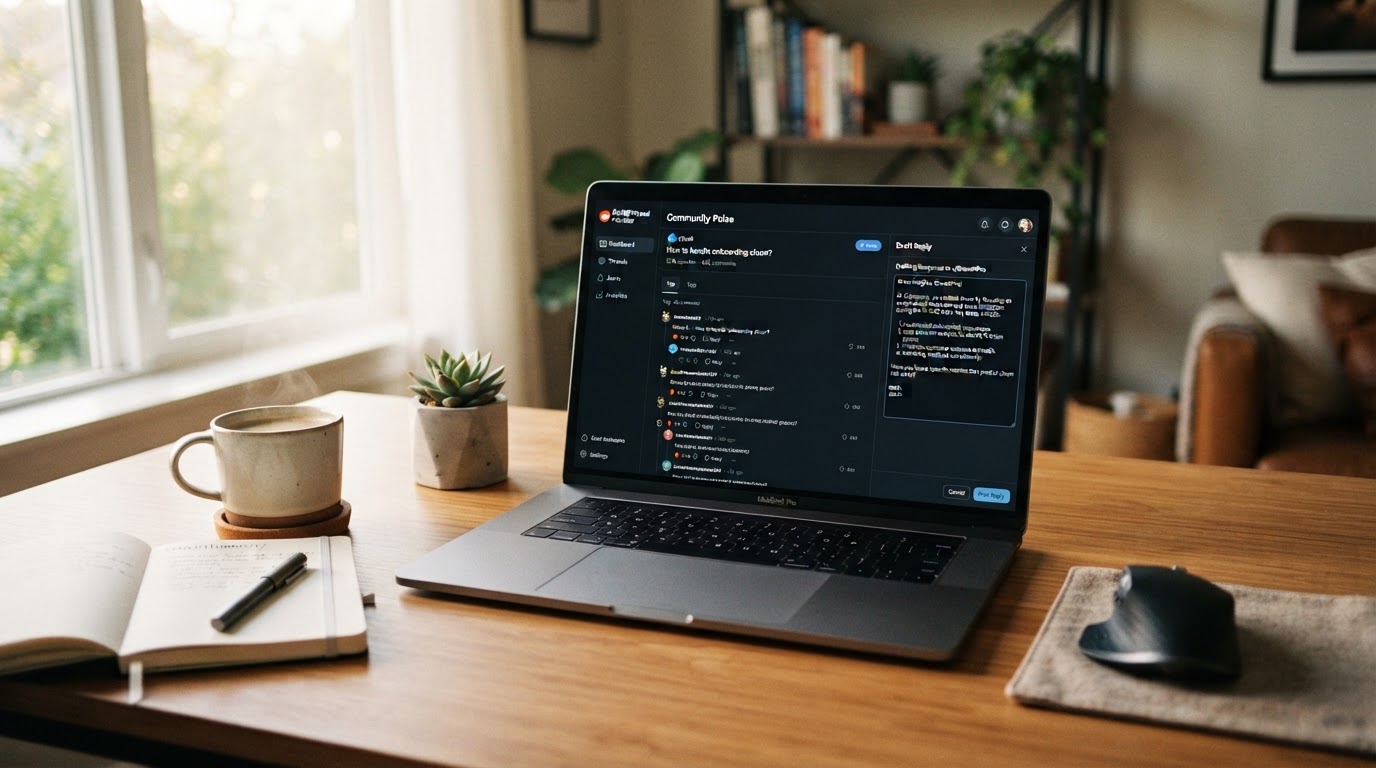 Clean SaaS dashboard on a laptop screen showing Reddit thread monitoring and a draft reply, tidy des