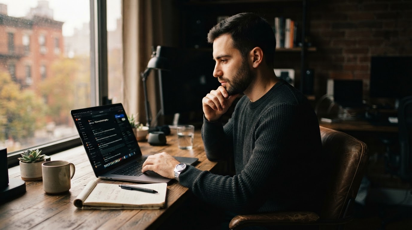Founder at a desk reading Reddit threads on a laptop, notepad beside keyboard, warm morning light th