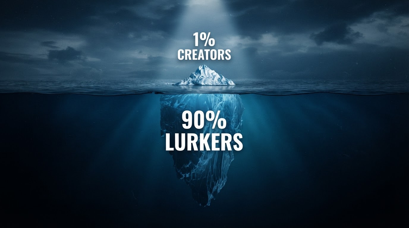Simple infographic style illustration of an iceberg showing a small tip labeled '1% creators' above