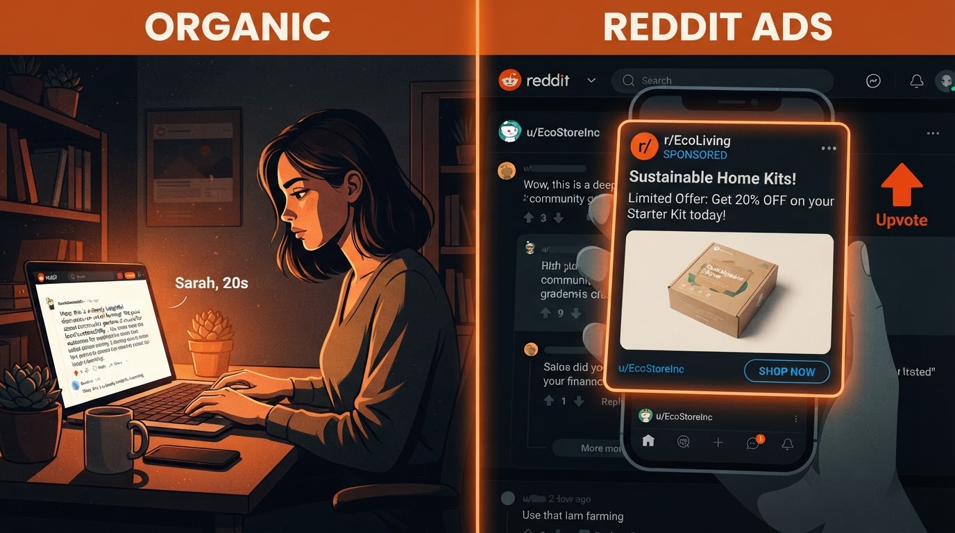 Split screen comparison graphic, left side shows a person writing a thoughtful comment labeled 'Orga