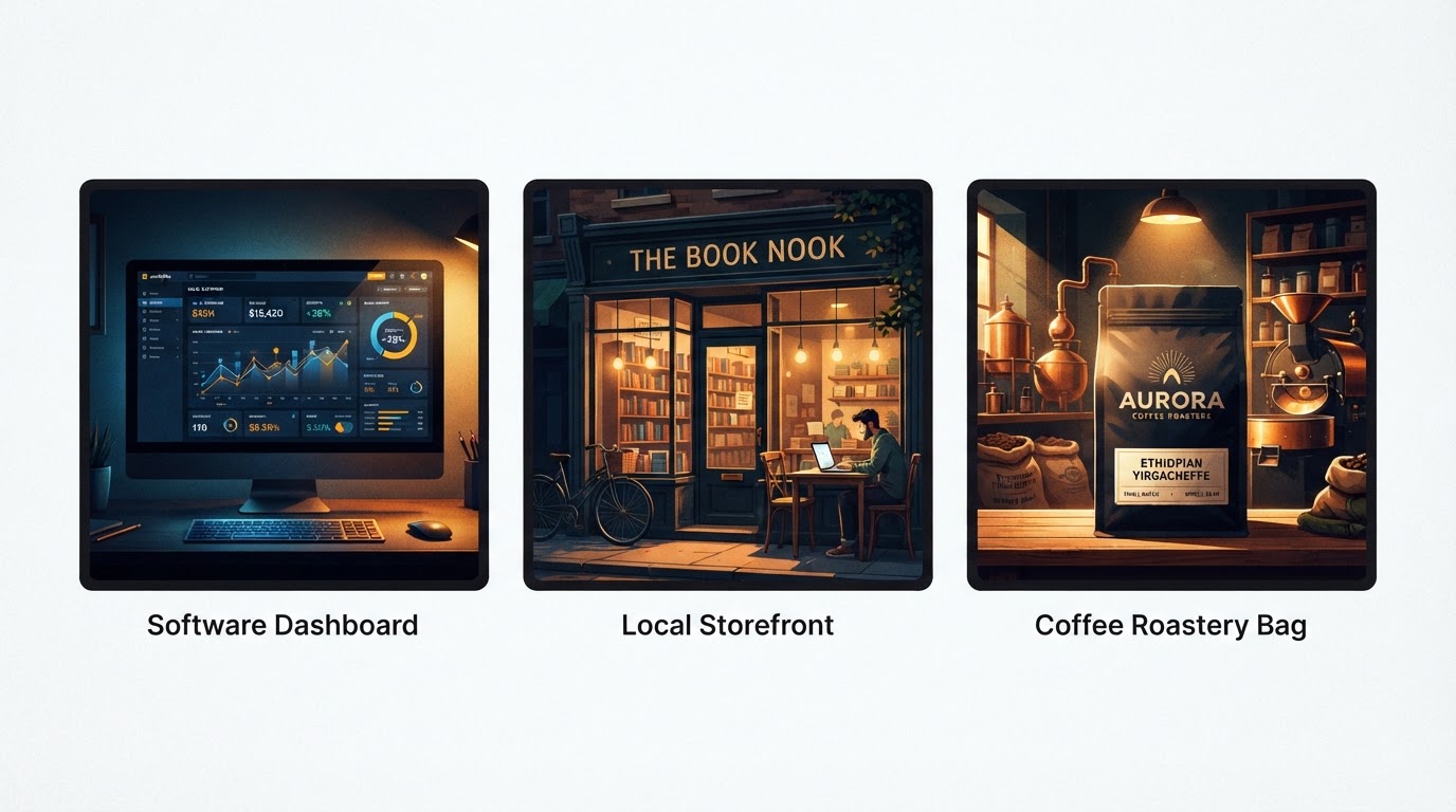 Three small vignettes side by side, a software dashboard, a local storefront with a laptop, and a co