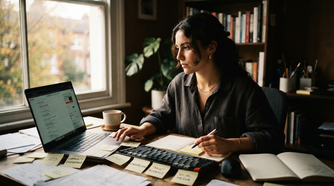 Marketer at a desk reviewing Reddit threads on a laptop screen, sticky notes with keywords beside th