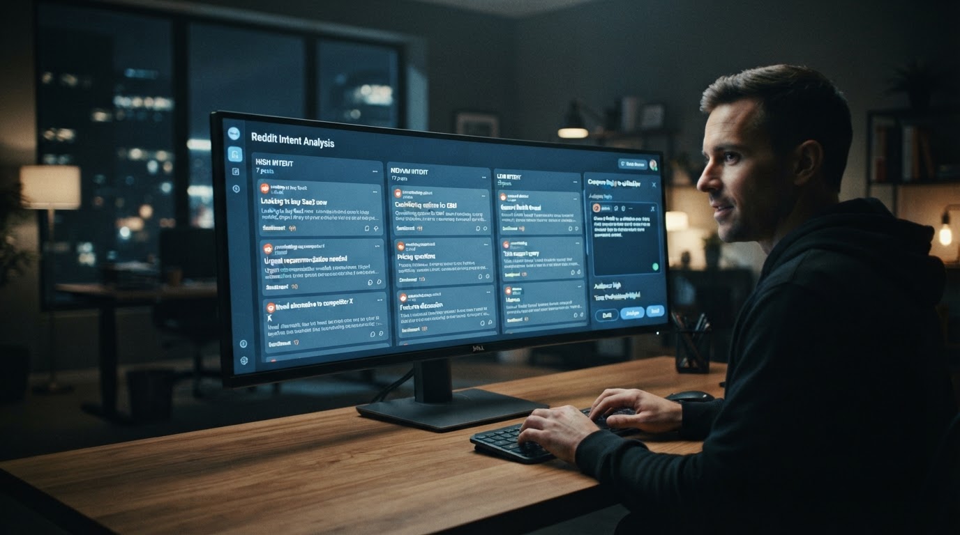 Clean SaaS dashboard on a monitor showing Reddit posts sorted into intent tiers labeled 'High', 'Med
