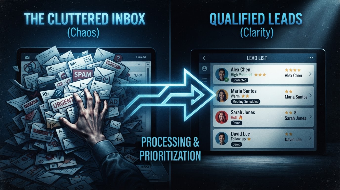 Split-screen concept showing a cluttered email inbox on the left and a tidy prioritized lead list on