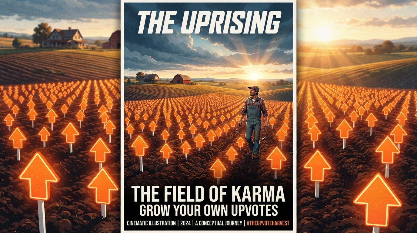 Conceptual illustration of a Reddit-style upvote arrow growing on a farm field under bright daylight