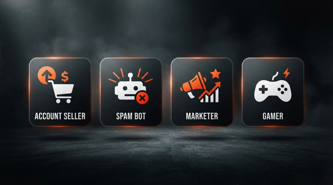 Four simple icons in a row representing account seller, spam bot, marketer, and gamer, flat minimal