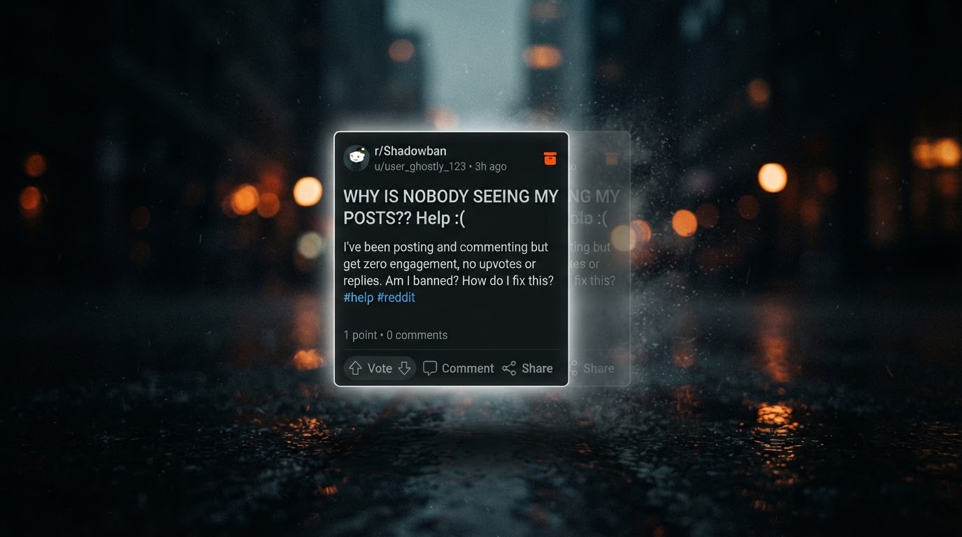 A single Reddit-style post card fading into transparency to show it is invisible to others, ghostly